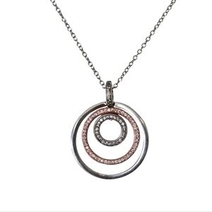🎆Sterling Silver Rose Gold Sparkling Rhinestones Triple Circle Pendant Necklace